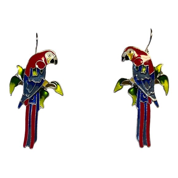 Zarah Greenwing Macaw Dangle Earrings Sterling Silver Plated Parrot Bird - Picture 2 of 5